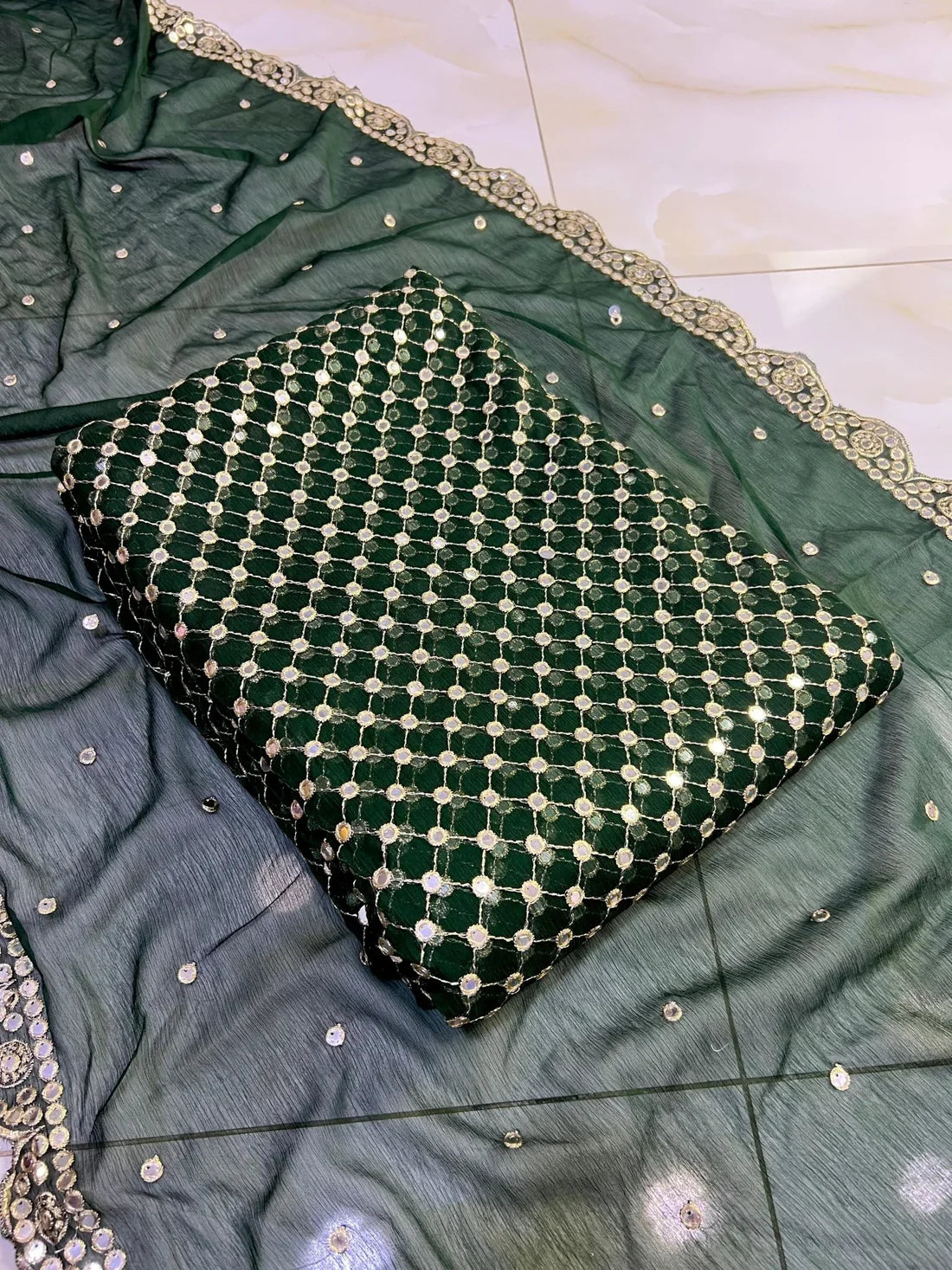 🌸Hiba Bukhari Most Viral 9MM Chiffon 3-Piece Dress🌸(Kai-Green)